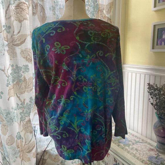 Take two batik and tye dye top, size 2X long sleeve cotton with beads & sequins. - Picture 2 of 7